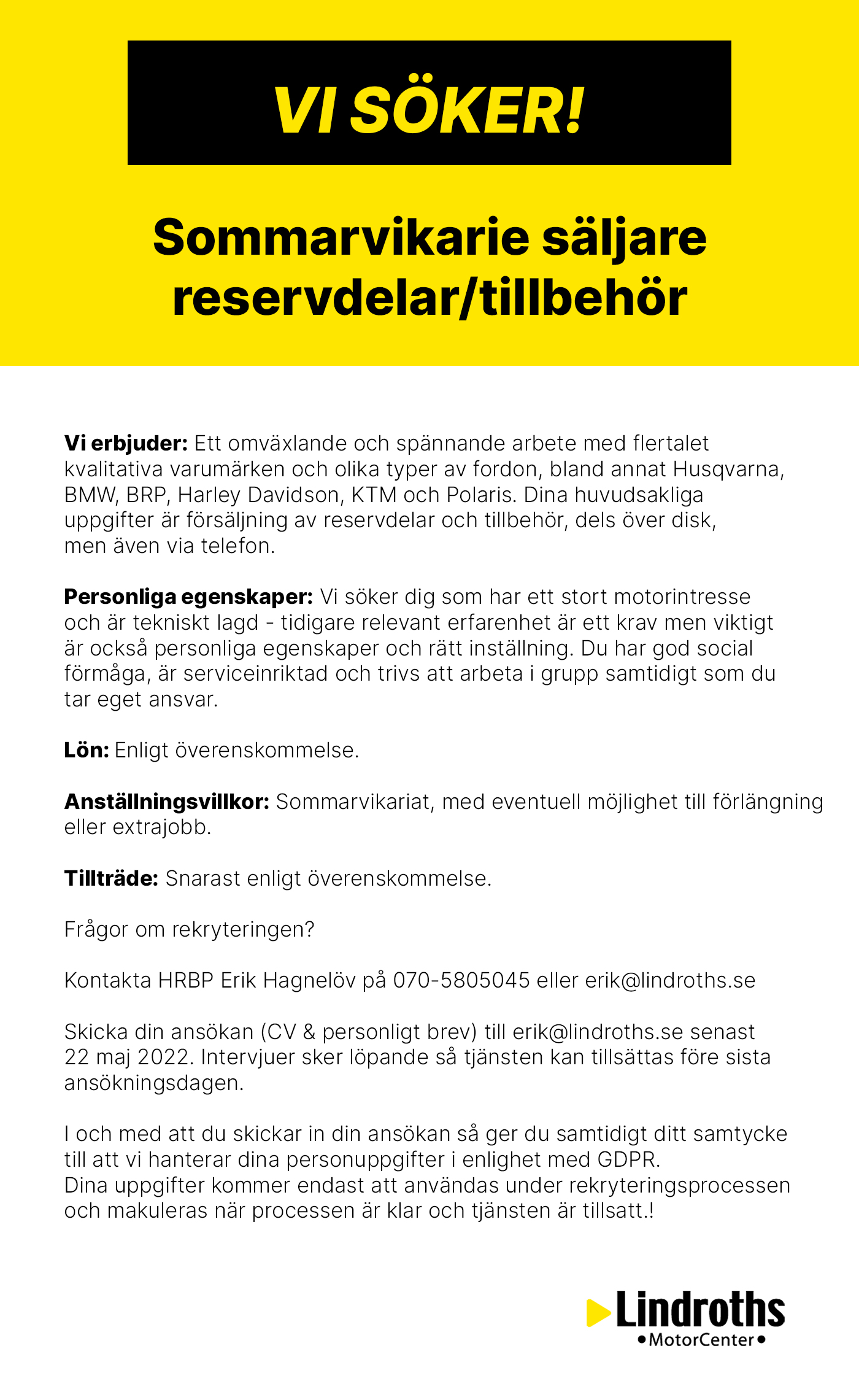 Vi söker sommarvikarie säljare reservdelar/tillbehör!