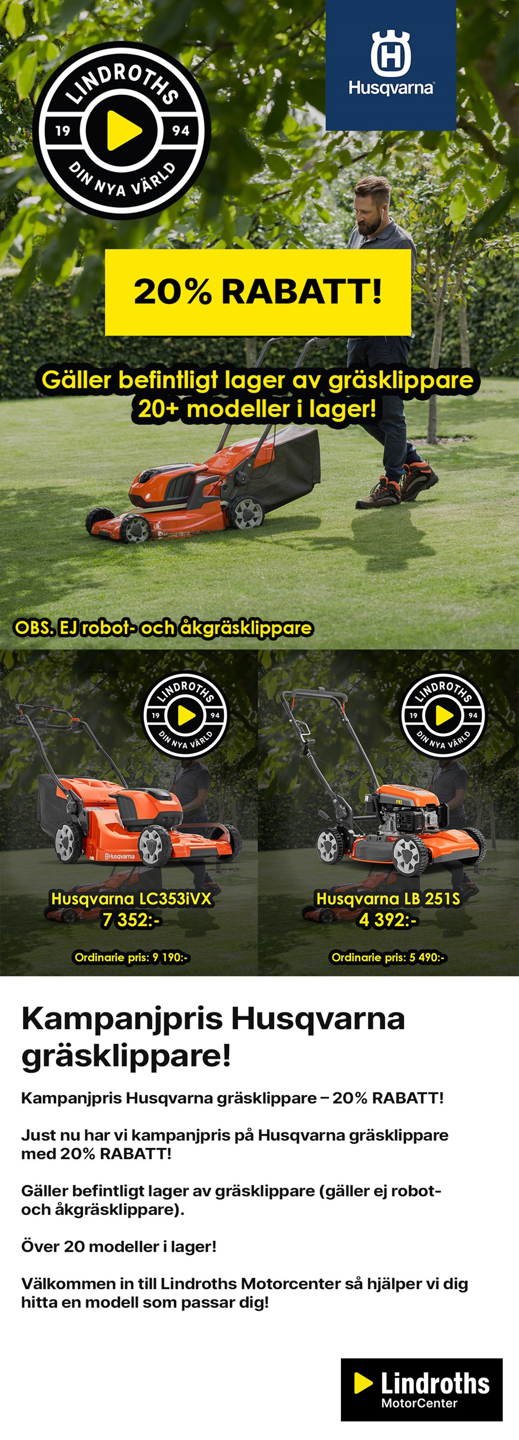 Husqvarna kampanjpris gräsklippare!