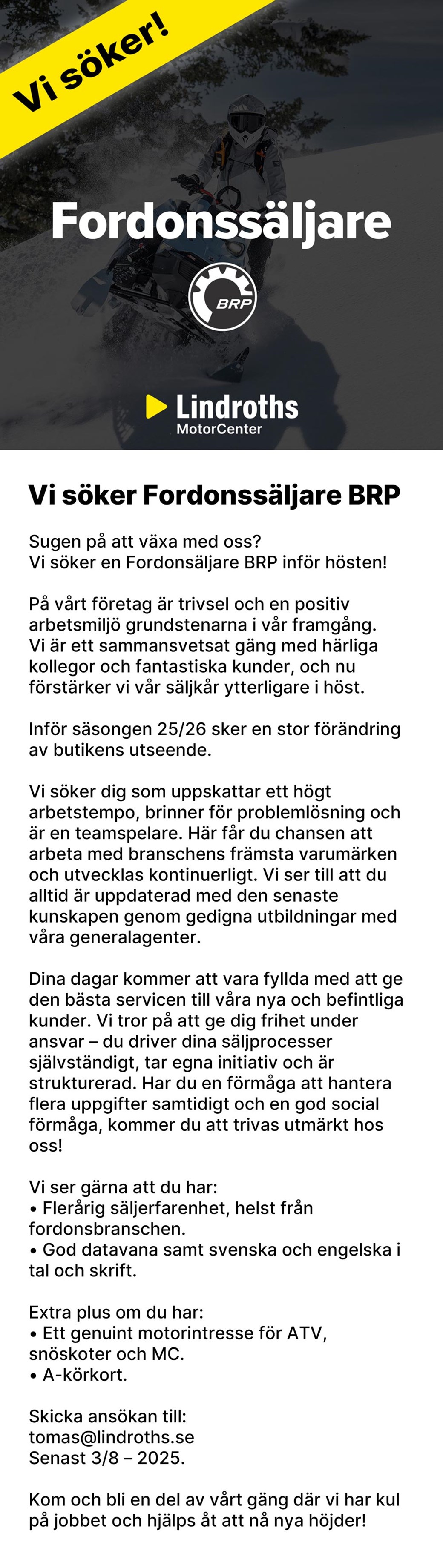 Vi söker Fordonssäljare BRP!